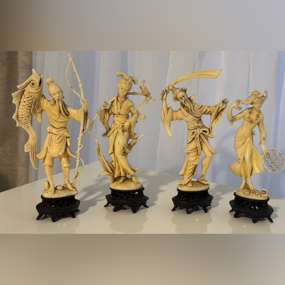 4 Vintage Fontanini Depose Italy Asian Figurines Fisherman Warrior Geisha Girl
